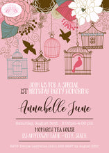Load image into Gallery viewer, Pink Birds Birthday Party Invitation Garden Flowers Girl Birdcage Fly Picnic Garden Forest Cage Annabelle Theme Paperless Printable Printed