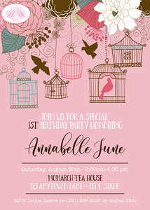 Pink Birds Birthday Party Invitation Garden Flowers Girl Birdcage Fly Picnic Garden Forest Cage Annabelle Theme Paperless Printable Printed