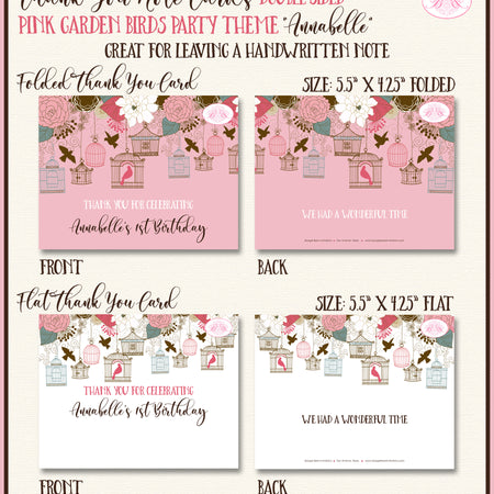 Garden Birds Woodland Party Thank You Card Birthday Girl Pink Birdcage Boogie Bear Invitations Annabelle Theme
