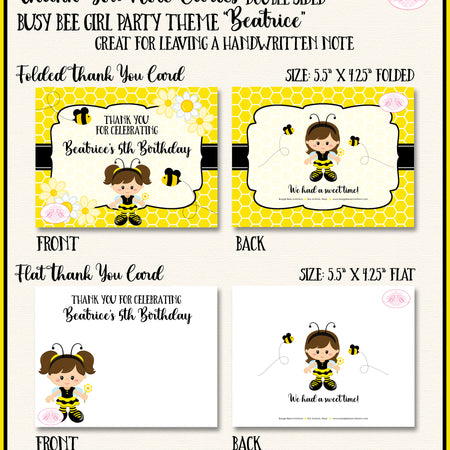 Busy Bee Girl Birthday Party Thank You Note Card Boogie Bear Invitations Beatrice Theme Printed