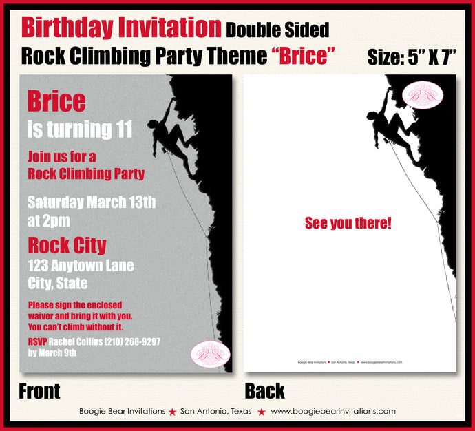 Rock Mountain Climbing Party Invitation Birthday Red Boogie Bear Invitations Brice Theme Printed