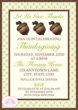 Load image into Gallery viewer, Acorn Thanksgiving Party Invitation Autumn Fall Harvest Green Brown Rustic Boogie Bear Invitations Fleming Theme Paperless Printable Printed
