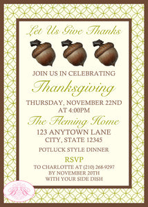 Acorn Thanksgiving Party Invitation Autumn Fall Harvest Green Brown Rustic Boogie Bear Invitations Fleming Theme Paperless Printable Printed