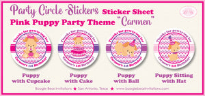 Pink Puppy Birthday Party Stickers Circle Sheet Round Girl Dog Pet Pawty Boogie Bear Invitations Carmen Theme