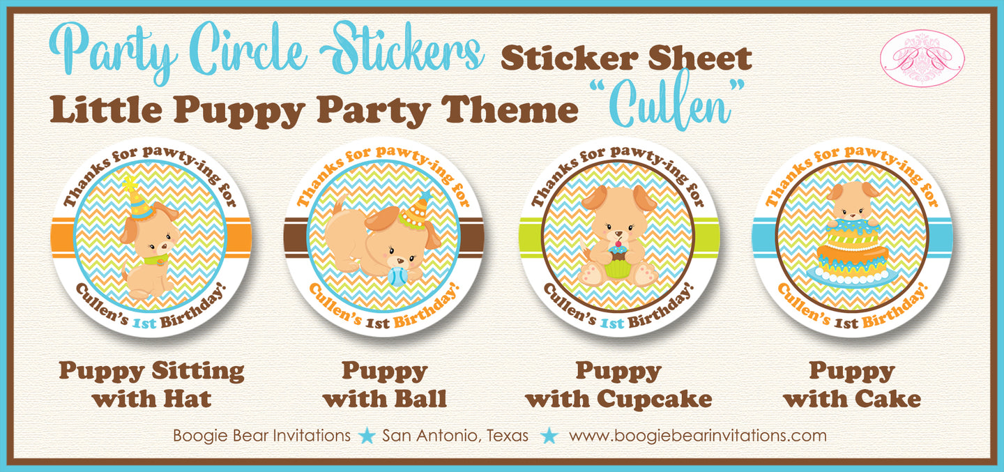 Little Puppy Birthday Party Stickers Circle Sheet Round Dog Pet Pawty Boogie Bear Invitations Cullen Theme