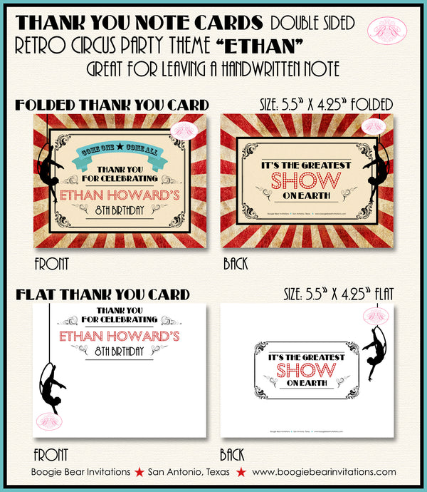Retro Circus Showman Party Thank You Card Birthday Carnival Aerialist Boogie Bear Invitations Ethan Theme Printed