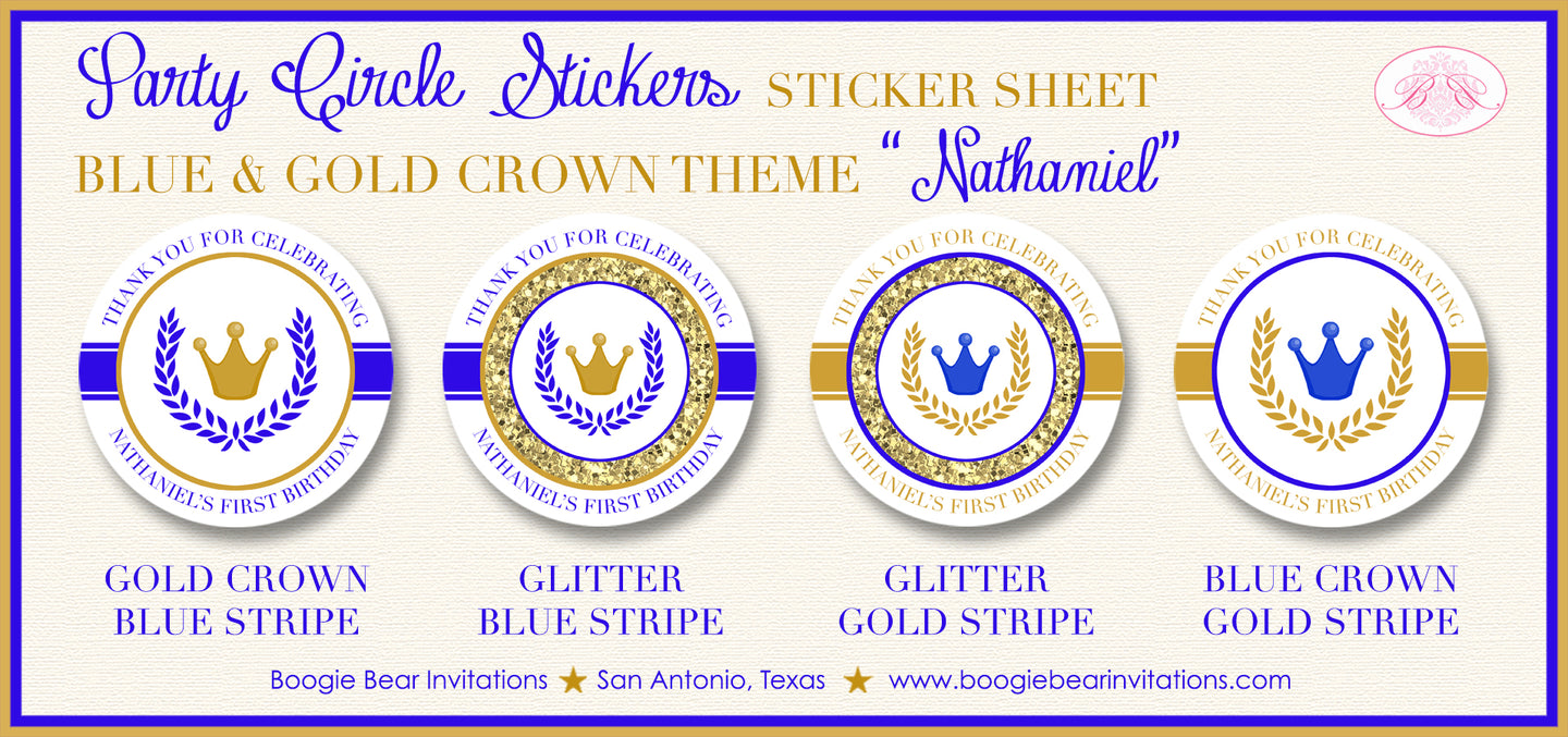 Royal Blue Gold Crown Party Stickers Circle Sheet Birthday Boogie Bear Invitations Natnaniel Theme