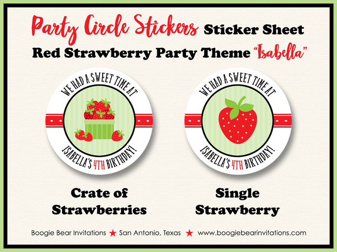 Strawberry Birthday Party Stickers Circle Sheet Round Red Green Boogie Bear Invitations Isabella Theme