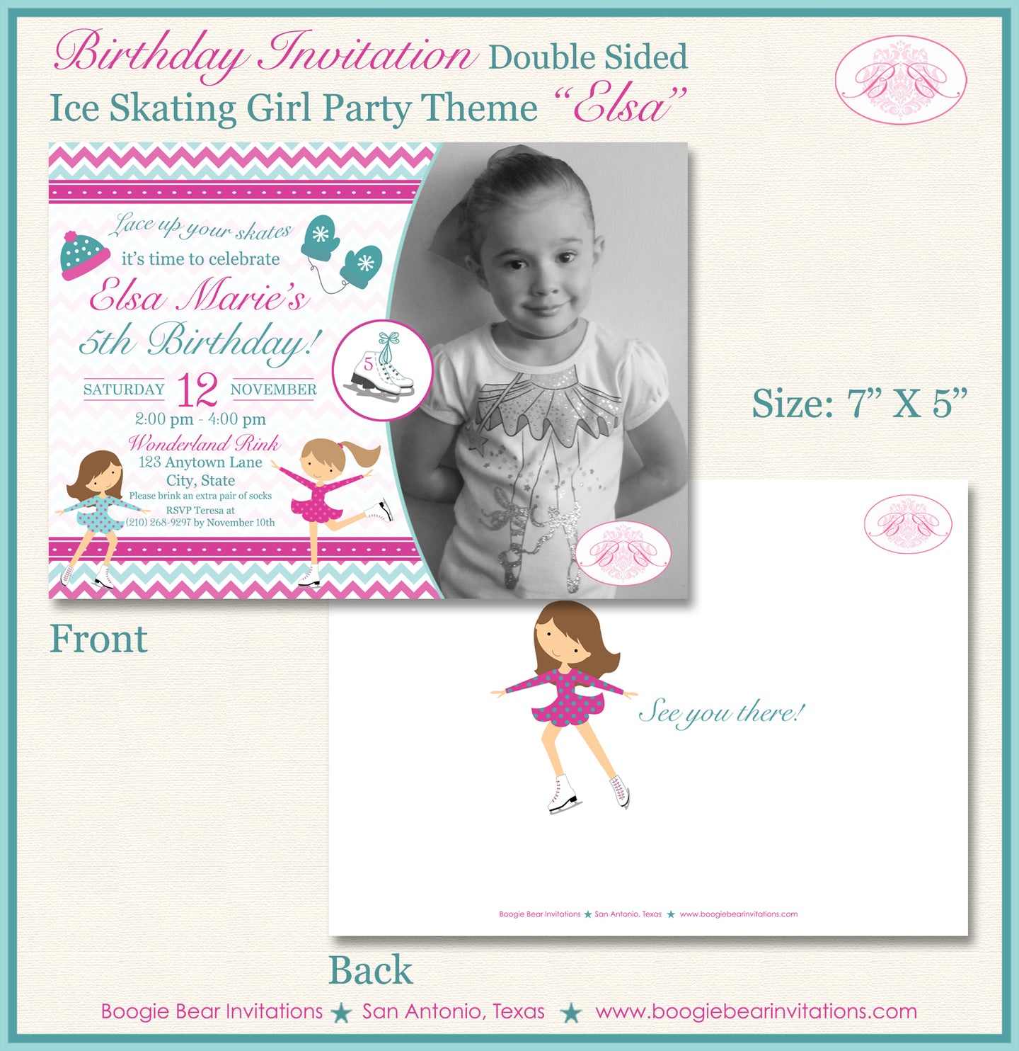Pink Ice Skating Birthday Party Invitation Photo Girl Boogie Bear Invitations Elsa Theme Paperless Printable Printed