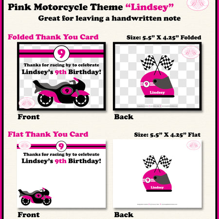 Pink Motorcycle Party Thank You Card Birthday Racing Girl Boogie Bear Invitations Lindsey Theme Printed