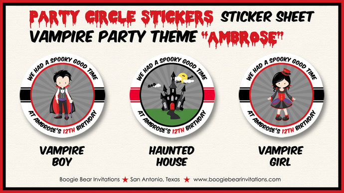 Vampire Bat Birthday Party Stickers Circle Sheet Halloween Haunted House Boogie Bear Invitations Ambrose Theme