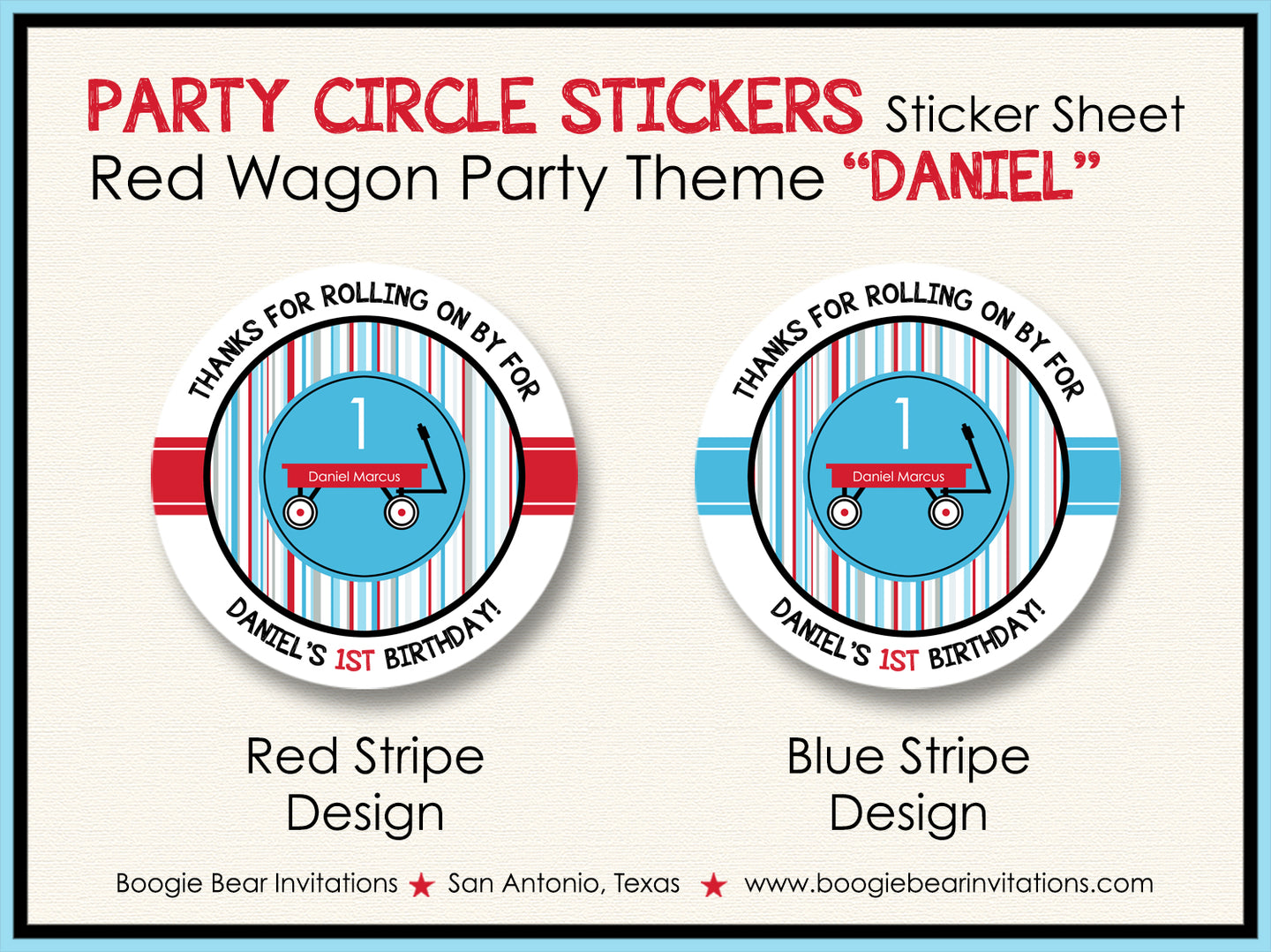 Red Wagon Party Circle Stickers Birthday Sheet Round Boogie Bear Invitations Daniel Theme