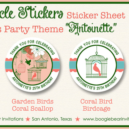 Garden Birds Woodland Party Stickers Circle Sheet Round Birthday Girl Coral Green Birdcage Boogie Bear Invitations Antoinette Theme