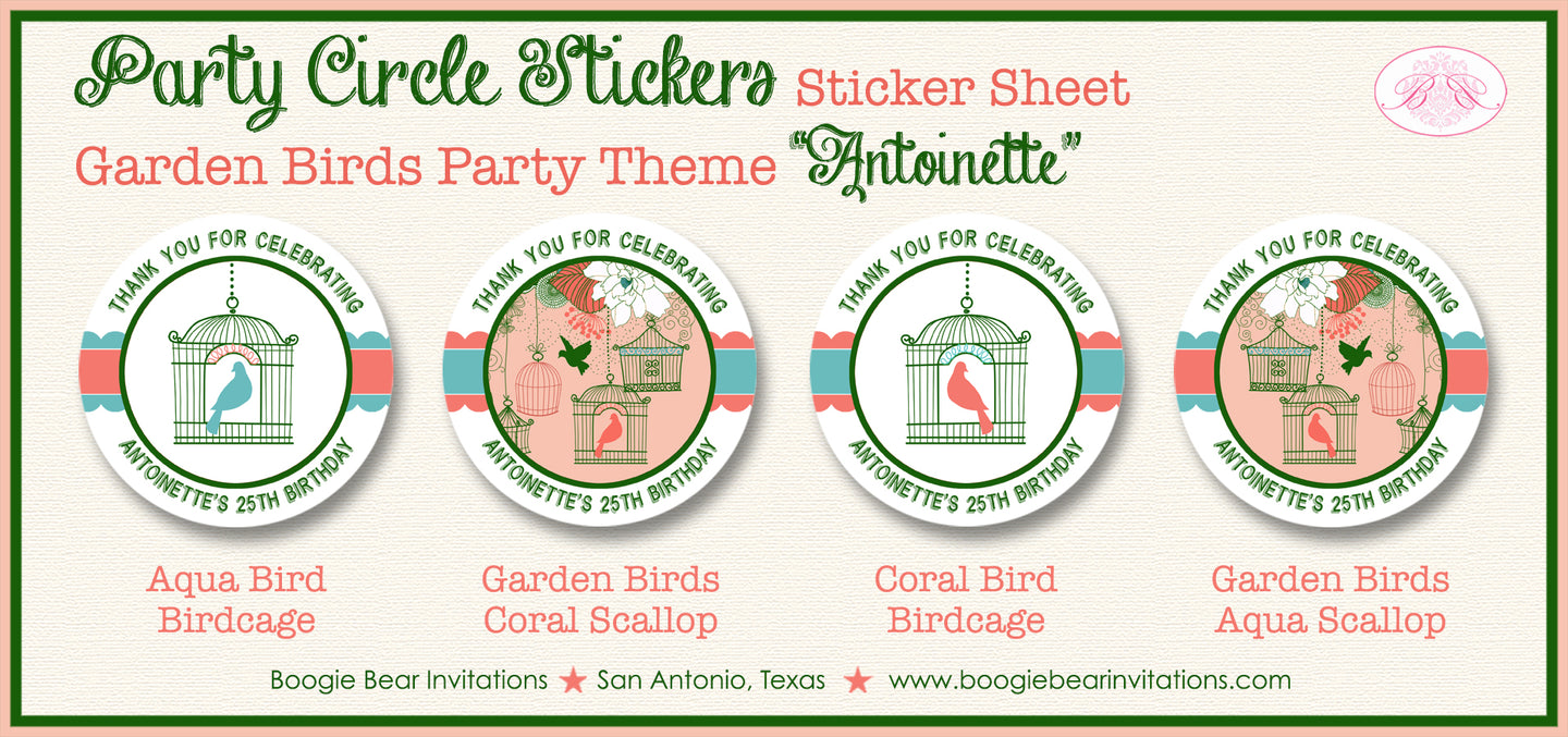 Garden Birds Woodland Party Stickers Circle Sheet Round Birthday Girl Coral Green Birdcage Boogie Bear Invitations Antoinette Theme