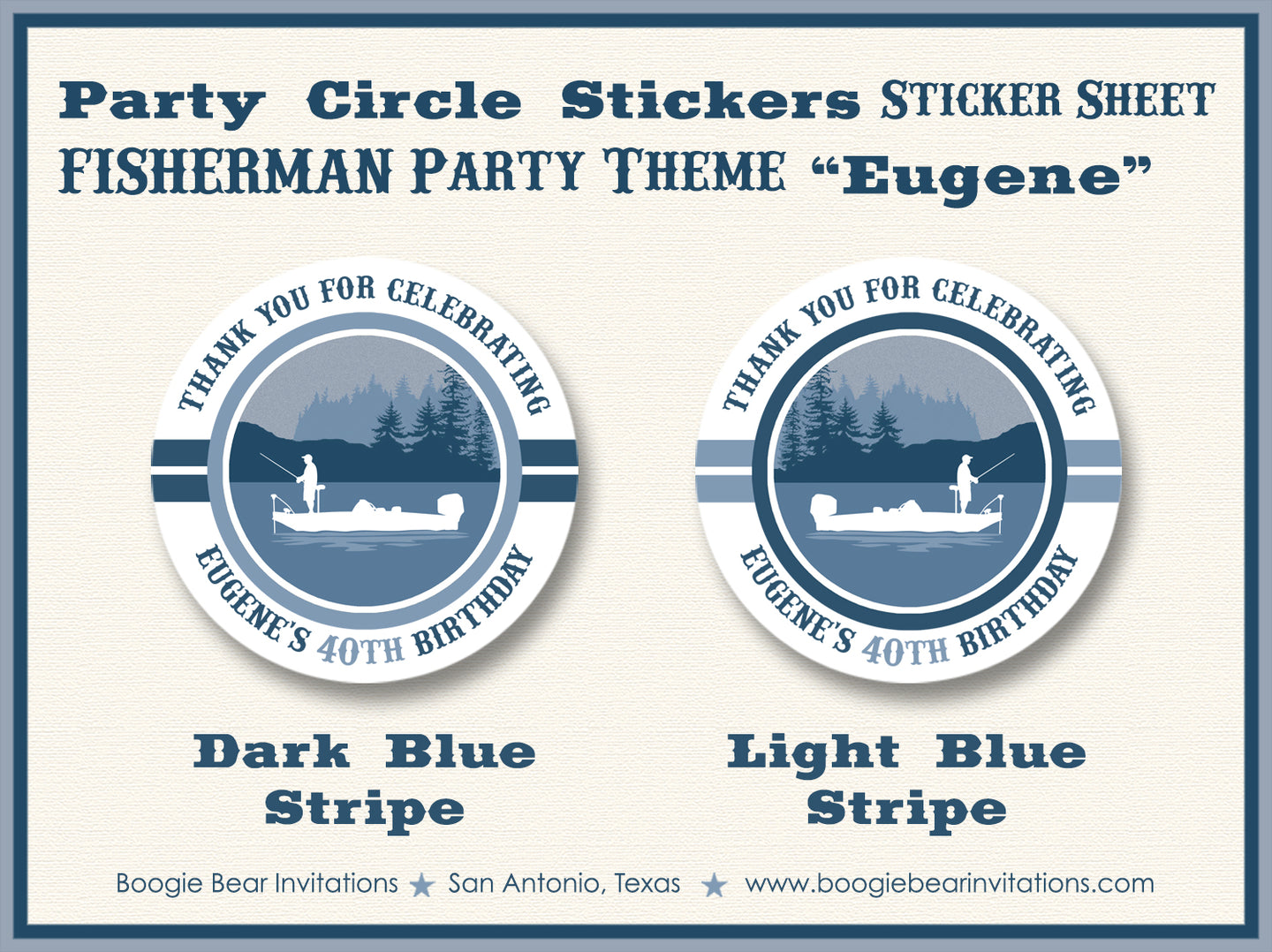 Fishing Boat Birthday Party Stickers Circle Sheet Round Lake River Blue Boogie Bear Invitations Eugene Theme