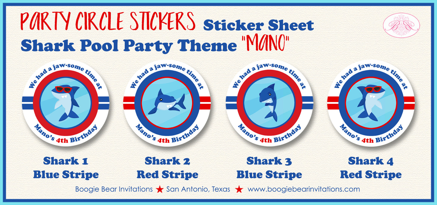 Shark Pool Birthday Party Stickers Circle Sheet Swimming Red Blue Boogie Bear Invitations Mano Theme