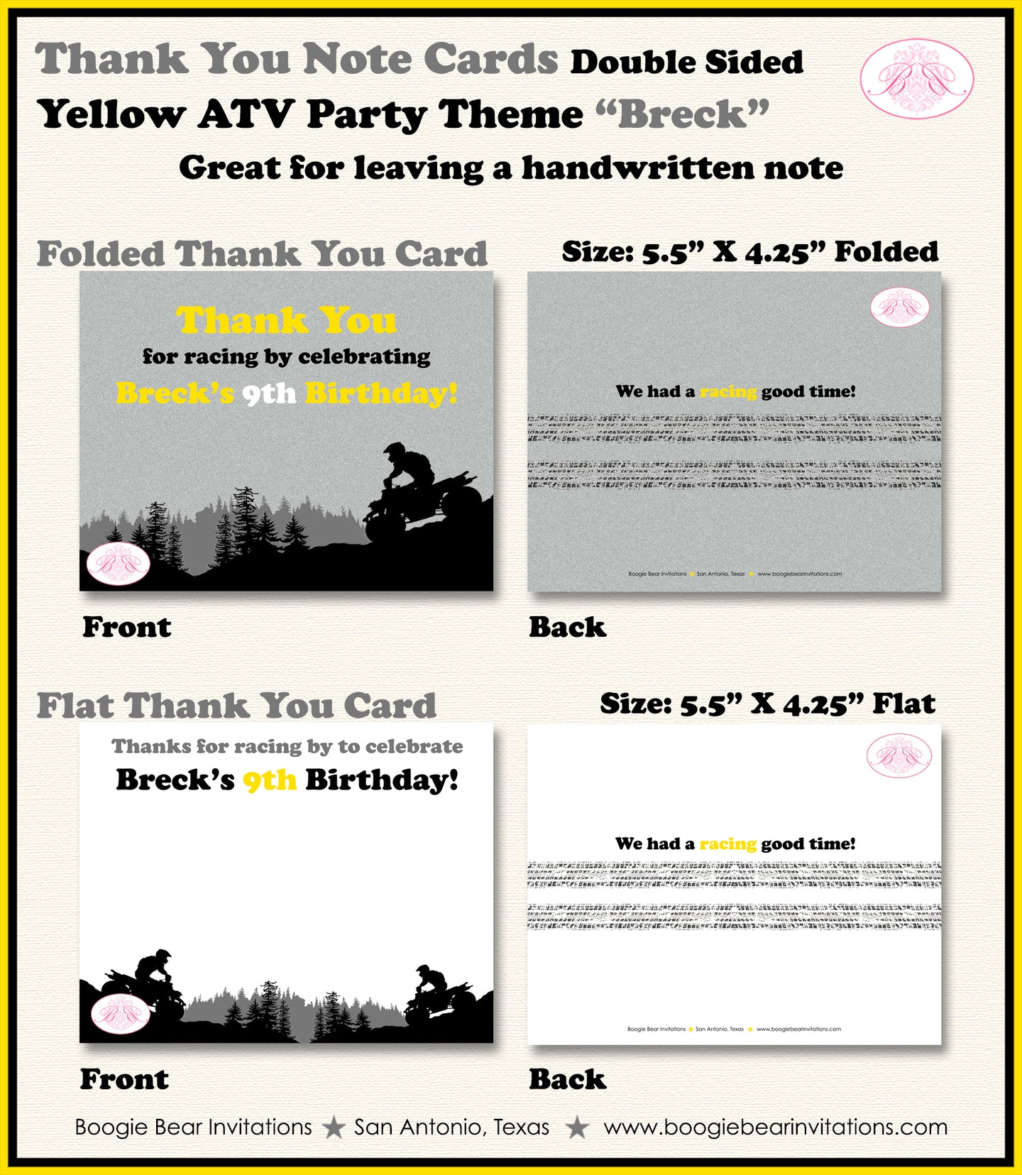 ATV Birthday Party Thank You Card Birthday Yellow Quad 4 Wheeler Boogie Bear Invitations Breck Theme Printed