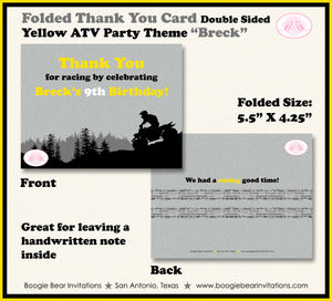 ATV Birthday Party Thank You Card Birthday Yellow Quad 4 Wheeler Boogie Bear Invitations Breck Theme Printed