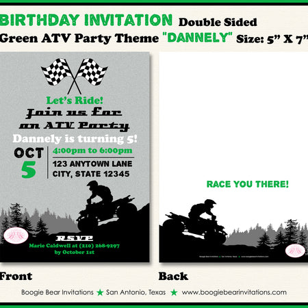 Green ATV Green Birthday Party Invitation Quad 4 Wheeler Boogie Bear Invitations Dannely Theme Printed