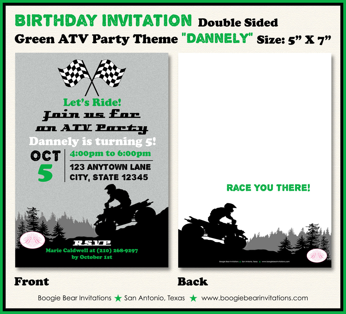 Green ATV Green Birthday Party Invitation Quad 4 Wheeler Boogie Bear Invitations Dannely Theme Printed