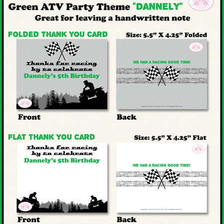 Green ATV Birthday Party Thank You Card Birthday Quad 4 Wheeler Boogie Bear Invitations Dannely Theme Printed