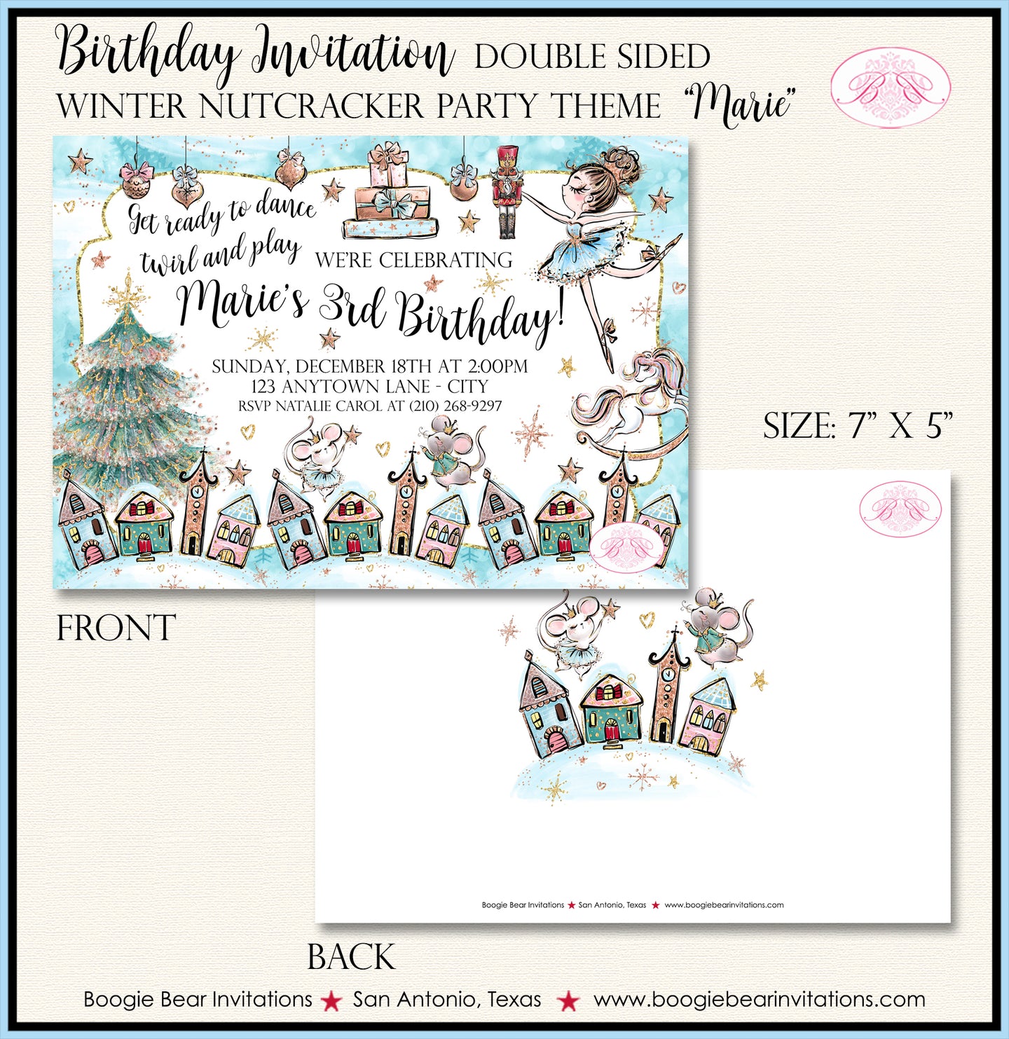 Nutcracker Birthday Party Invitation Winter Christmas Ballet Boogie Bear Invitations Marie Theme Paperless Printable Printed