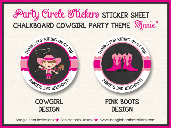 Chalkboard Cowgirl Birthday Party Stickers Circle Sheet Round Circle Pink Girl Country Boogie Bear Invitations Annie Theme