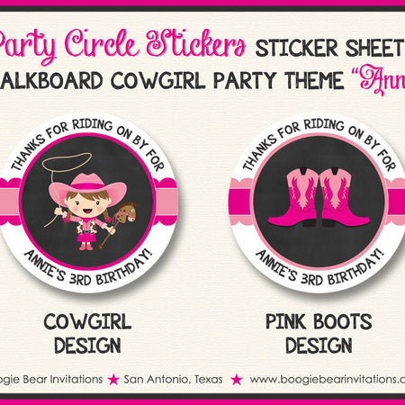 Chalkboard Cowgirl Birthday Party Stickers Circle Sheet Round Circle Pink Girl Country Boogie Bear Invitations Annie Theme