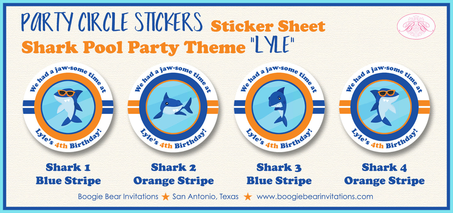 Shark Pool Birthday Party Stickers Circle Sheet Swimming Orange Blue Boogie Bear Invitations Lyle Theme