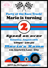 Load image into Gallery viewer, Race Car Birthday Party Invitation Red Blue Boy Girl Racing Checkered Flag Boogie Bear Invitations Mario Theme Paperless Printable Printed