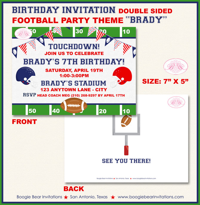 Football Red Blue Birthday Party Invitation Girl Boy Boogie Bear Invitations Brady Theme Paperless Printable Printed