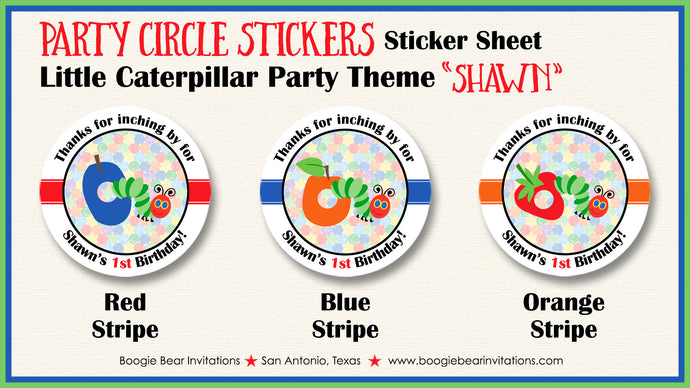 Caterpillar Party Stickers Circle Sheet Round Birthday Fruit Picnic Boogie Bear Invitations Shawn Theme