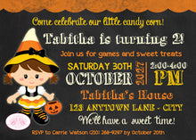 Load image into Gallery viewer, Candy Corn Girl Birthday Party Invitation Chalkboard Halloween Boogie Bear Invitations Tabitha Theme Paperless Printable Printed