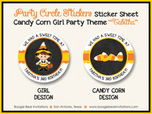 Load image into Gallery viewer, Candy Corn Girl Birthday Party Stickers Circle Sheet Round Circle Chalkboard Halloween Boogie Bear Invitations Tabitha Theme