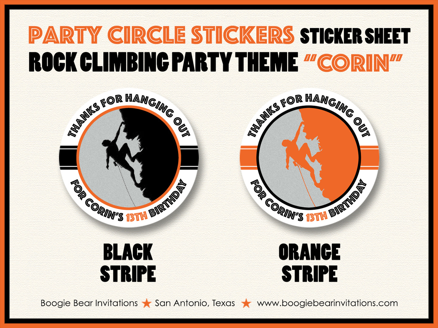 Rock Climbing Birthday Party Stickers Circle Sheet Round Orange Boogie Bear Invitations Corin Theme