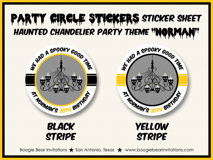 Haunted House Party Circle Stickers Birthday Sheet Round Halloween Chandelier Skull Boogie Bear Invitations Norman Theme