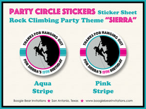 Rock Climbing Birthday Party Stickers Circle Sheet Round Pink Aqua Girl Boogie Bear Invitations Sierra Theme