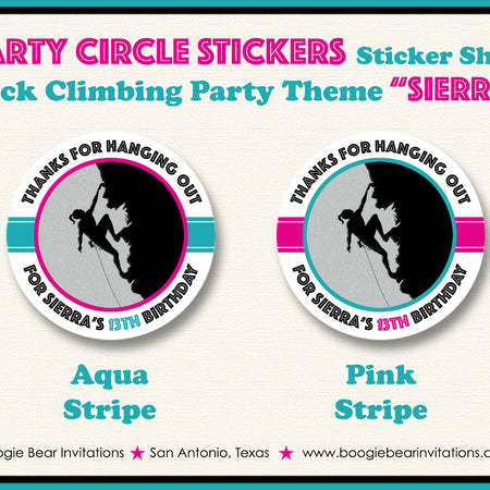 Rock Climbing Birthday Party Stickers Circle Sheet Round Pink Aqua Girl Boogie Bear Invitations Sierra Theme