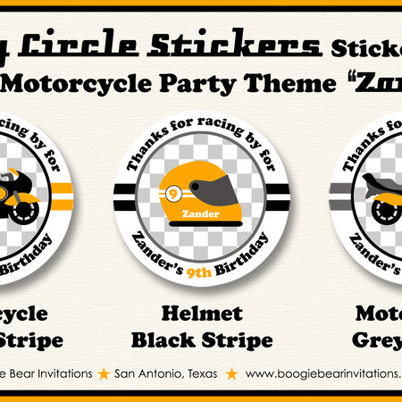 Yellow Motorcycle Birthday Party Stickers Circle Sheet Round Boogie Bear Invitations Zander Theme