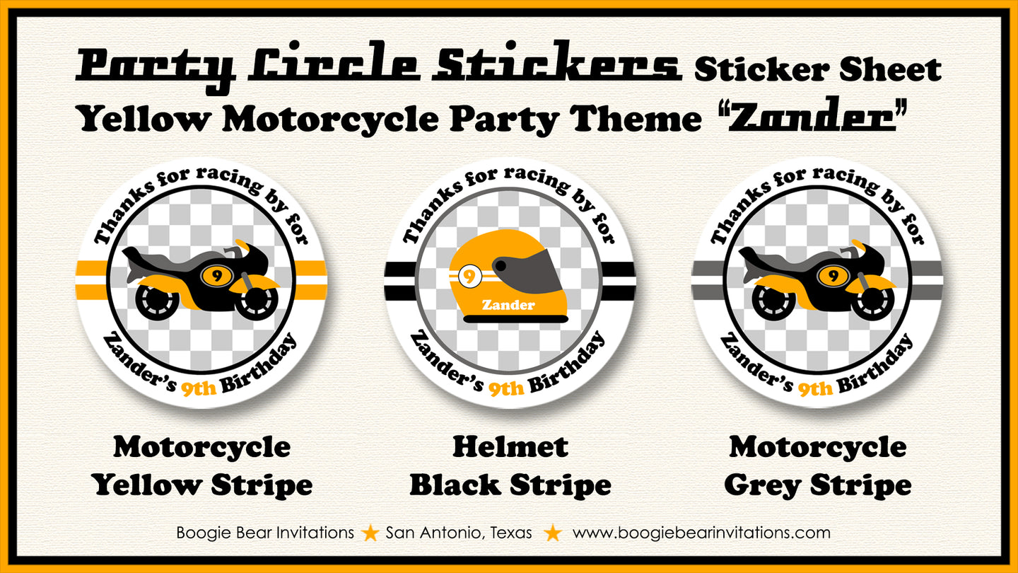 Yellow Motorcycle Birthday Party Stickers Circle Sheet Round Boogie Bear Invitations Zander Theme