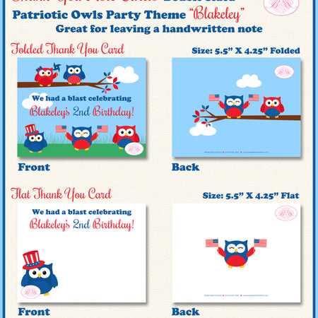4th of July Owls Party Thank You Card Birthday Boogie Bear Invitations Blakeley Theme Printed