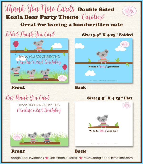 Koala Bear Party Thank You Card Birthday Pink Girl Boogie Bear Invitations Caroline Theme Printed