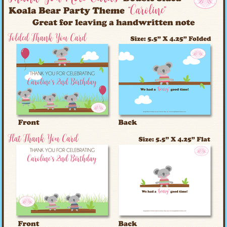 Koala Bear Party Thank You Card Birthday Pink Girl Boogie Bear Invitations Caroline Theme Printed