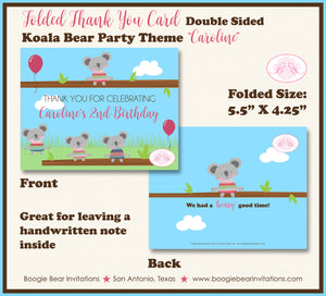Koala Bear Party Thank You Card Birthday Pink Girl Boogie Bear Invitations Caroline Theme Printed