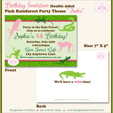 Pink Rain Forest Birthday Party Invitation Girl Wild Zoo Amazon Jungle Tree Boogie Bear Invitations Sophia Theme Paperless Printable Printed