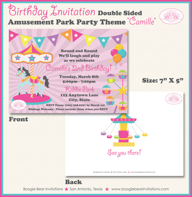 Amusement Park Birthday Party Invitation Pink Girl Boogie Bear Invitations Camille Theme Paperless Printable Printed