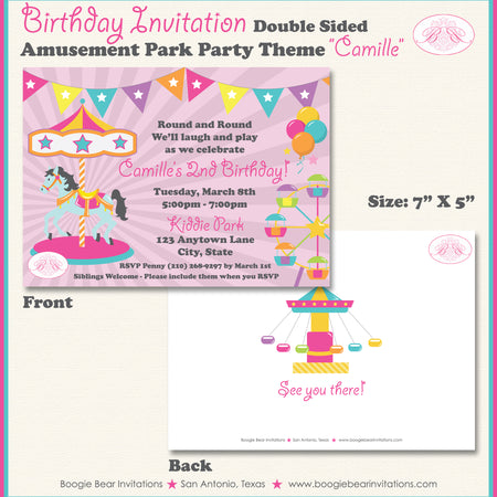 Amusement Park Birthday Party Invitation Pink Girl Boogie Bear Invitations Camille Theme Paperless Printable Printed