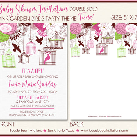 Pink Garden Birds Baby Shower Invitation Party Boogie Bear Invitations Fiona Theme Paperless Printable Printed