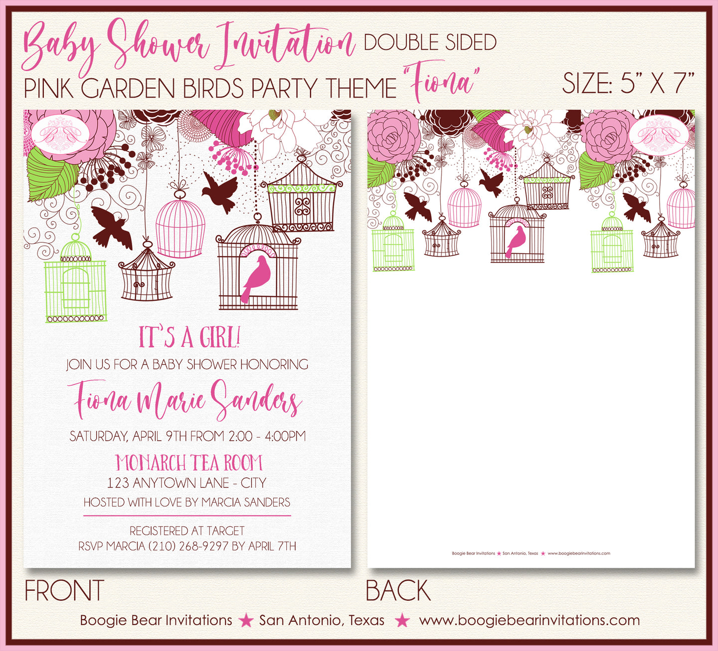 Pink Garden Birds Baby Shower Invitation Girl Party Boogie Bear Invitations Fiona Theme Paperless Printable Printed