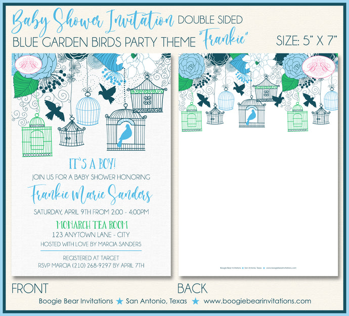 Bird Flower Garden Baby Shower Invitation Boy Blue Boogie Bear Invitations Frankie Theme Paperless Printable Printed